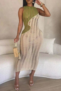 Army Green Casual Patchwork Contrast O Neck Sleeveless Dress Dresses
