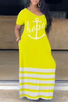Yellow Casual Print Basic V Neck Short Sleeve Dress Dresses