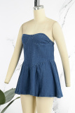 Blue Sexy Casual Patchwork Backless Strapless Sleeveless Skinny Denim Tops