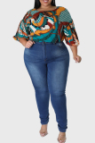 Blue Casual Print Patchwork O Neck Plus Size Tops