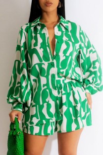 Green Casual Print Basic Shirt Collar Long Sleeve Two Pieces