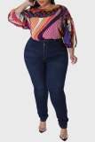 Blue Casual Print Patchwork O Neck Plus Size Tops