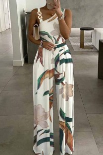 White Casual Print Patchwork Asymmetrical Collar Jumpsuits