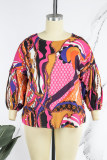 Purple Casual Print Patchwork O Neck Plus Size Tops