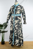 Green Casual Camouflage Print Patchwork Buttons Flounce POLO collar Shirt Dress Plus Size Dresses