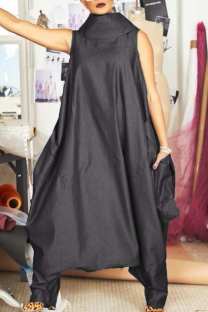 Black Casual Solid Patchwork Turtleneck Harlan Denim Jumpsuits