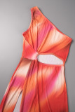 Orange Sexy Print Tie Dye Hollowed Out Slit Oblique Collar Long Dress Dresses