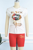 Red Casual Street Print Patchwork O Neck Short Sleeve Two Pieces