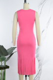 Deep Pink Casual Solid Tassel O Neck Sleeveless Dress Dresses