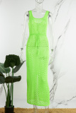 Fruit Green Sexy Solid Tassel Hollowed Out Slit U Neck One Step Skirt Dresses