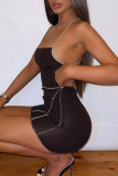 Black Sexy Solid Patchwork Backless Strap Design Halter One Step Skirt Dresses