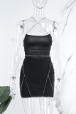 Black Sexy Solid Patchwork Backless Strap Design Halter One Step Skirt Dresses