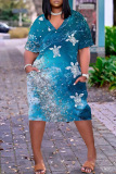 Turquoise Casual Print Basic V Neck Short Sleeve Dress