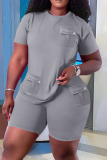 Blue Gray Casual Solid Patchwork Pocket O Neck Short Sleeve Two Pieces