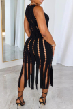 White Sexy Casual Daily Solid Pierced Tassel Burn-out O Neck Wrapped Skirt Dresses