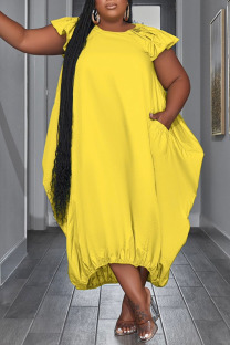 Yellow Casual Solid Patchwork O Neck Irregular Dress Plus Size Dresses