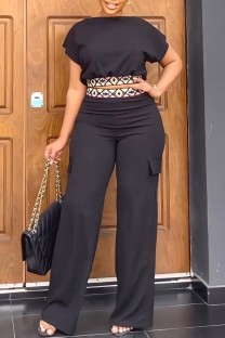 Black Casual Solid Patchwork O Neck Short Sleeve Two Pieces