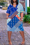 Turquoise Casual Print Basic V Neck Short Sleeve Dress