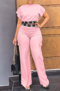 Pink Casual Solid Patchwork O Neck Short Sleeve Two Pieces