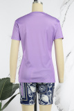 Purple Casual Print Patchwork Pocket O Neck Short Sleeve Two Pieces