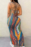 Multicolor Sexy Print Backless Cross Straps Spaghetti Strap Long Dress Dresses