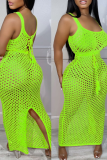 Fruit Green Sexy Solid Tassel Hollowed Out Slit U Neck One Step Skirt Dresses
