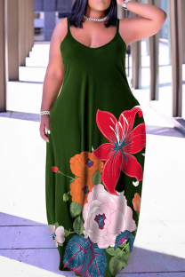 Army Green Sexy Casual Print Backless Spaghetti Strap Long Dress Dresses