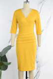 Yellow Casual Solid Patchwork Fold V Neck One Step Skirt Dresses