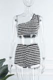 White Sexy Striped Patchwork Oblique Collar Sleeveless Two Pieces