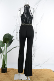 Black Sexy Patchwork See-through O Neck Jumpsuits