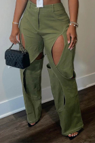 Army Green Street Solid Hollowed Out Patchwork Regular High Waist Straight Solid Color Bottoms