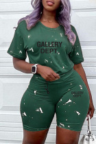 Green Casual Letter Print Basic O Neck Short Sleeve Two Pieces