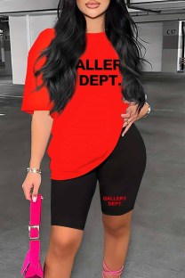 Red Casual Print Letter O Neck Short Sleeve Two Pieces