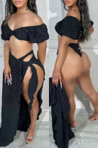 Black Sexy Solid Bandage Off the Shoulder Short Sleeve Three Piece Set