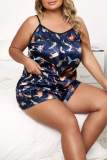 Red Living Print Backless Spaghetti Strap Plus Size Sleepwear Two Pieces