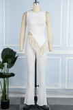 White Casual Solid Tassel Patchwork Asymmetrical O Neck Sleeveless Two Pieces