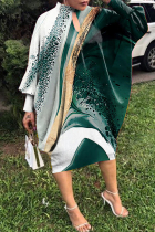Dark Green Casual Print Hollowed Out O Neck Long Sleeve Dresses