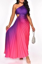 Fuchsia Casual Gradual Change Print Hollowed Out Backless Pleated Oblique Collar Long Dress Dresses