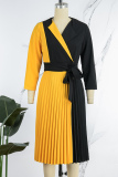 Yellow Casual Elegant Color Lump Fold Contrast Turn-back Collar Pleated Dresses(With Belt)