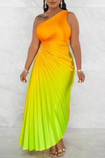 Orange Yellow Casual Gradual Change Print Hollowed Out Backless Pleated Oblique Collar Long Dress Dresses