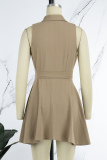 Khaki Sweet Solid Patchwork Buttons Fold Turndown Collar A Line Dresses(With Belt)