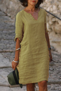 Khaki Casual Solid Basic V Neck A Line Dresses