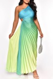 Turquoise Casual Gradual Change Print Hollowed Out Backless Pleated Oblique Collar Long Dress Dresses