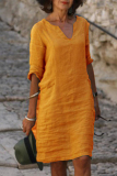 Yellow Casual Solid Basic V Neck A Line Dresses