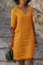 Orange Casual Solid Basic V Neck A Line Dresses