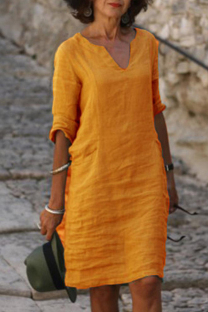 Orange Casual Solid Basic V Neck A Line Dresses