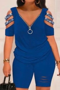 Blue Casual Solid Hollowed Out Patchwork Hot Drill V Neck Plus Size Two Pieces