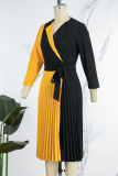 Yellow Casual Elegant Color Lump Fold Contrast Turn-back Collar Pleated Dresses(With Belt)
