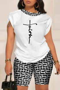 Black Casual Print Patchwork O Neck Short Sleeve Two Pieces