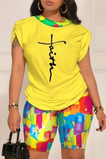 Yellow Casual Print Patchwork O Neck Short Sleeve Two Pieces